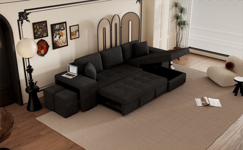 Modern L-Shape 3 Seat Reversible Sectional Couch with Pull Out Sleeper Sofa, Storage Chaise, 2 Stools, Charcoal Grey, Linen Chenille - Grand Goldman Shop