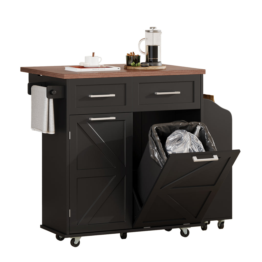 K&K 47.2' Farmhouse Kitchen Island with Drop Leaf, Kitchen Storage Island with Removable Side Racks, Two Drawers, Rolling Kitchen Cart on Wheels with Towel Rack, for Home, Kitchen, Dining Room, Black - Grand Goldman Shop