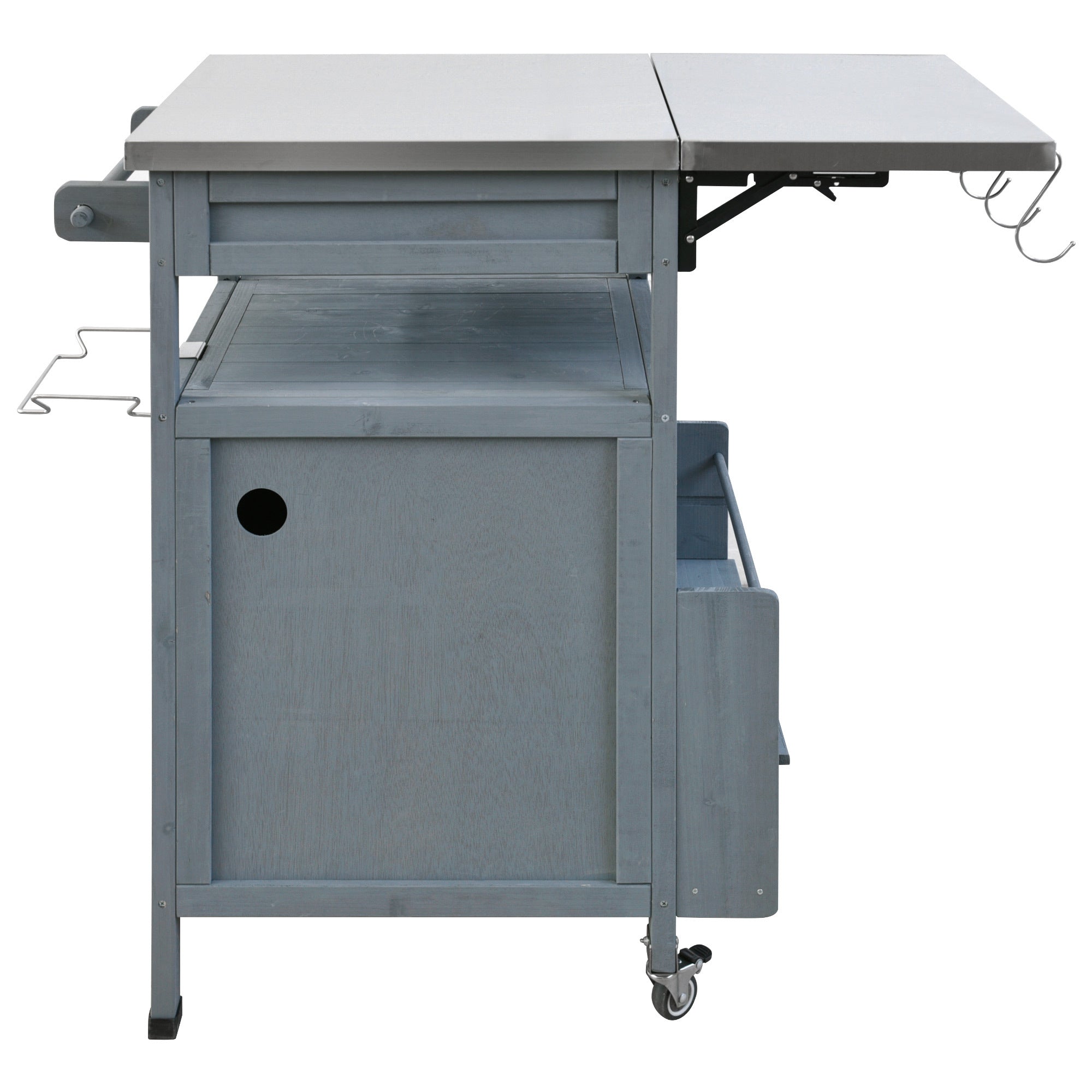 K&K 40.5' Outdoor Grill Cart with Stainless Steel Top, Solid Wood Outdoor Storage Cabinet with Drop Leaf, One Drawer, Towel Rack, Rolling Kitchen Cart with Lockable Wheels for Lawn Garden, Blue Grey - Grand Goldman Shop