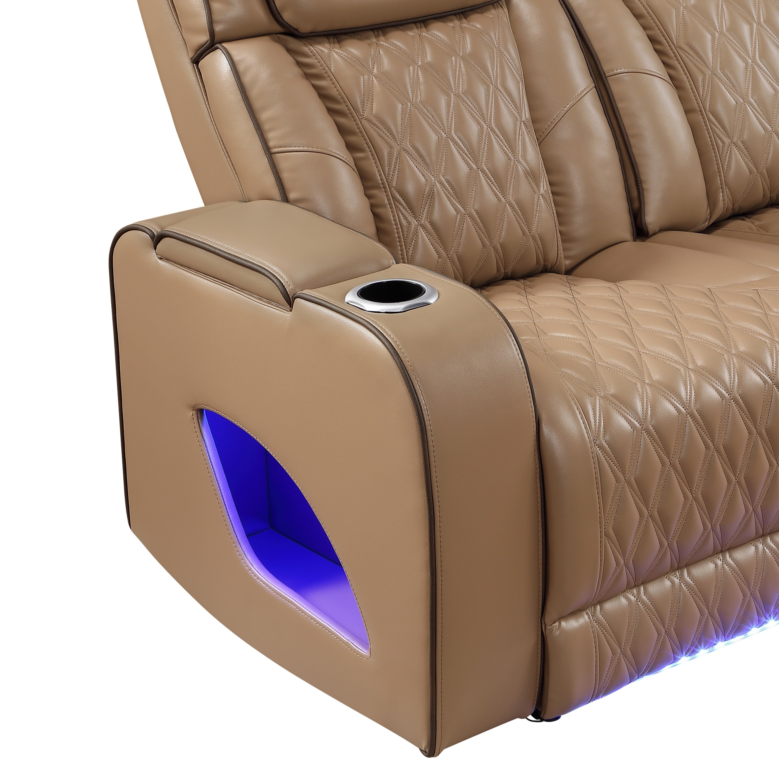 Fortuner Power Reclining 2Pc Living Room Set in Caramel Faux Leather with LED Lights, Massage Function, Bluetooth Speakers and Wireless Charging - Grand Goldman Shop