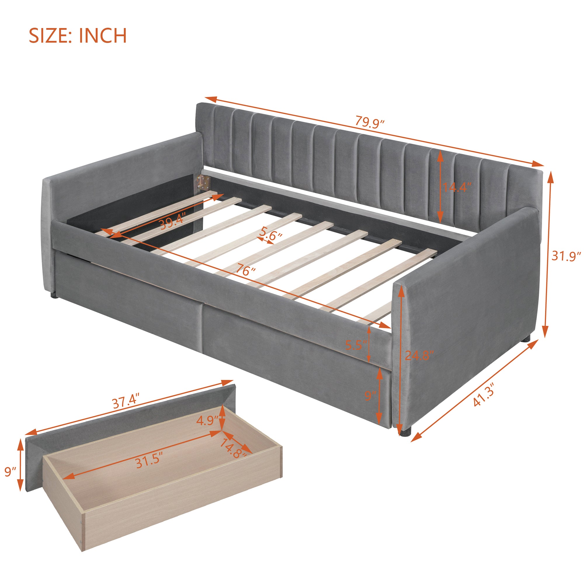 Twin Size Upholstered daybed with Drawers, Wood Slat Support, Gray - Grand Goldman Shop