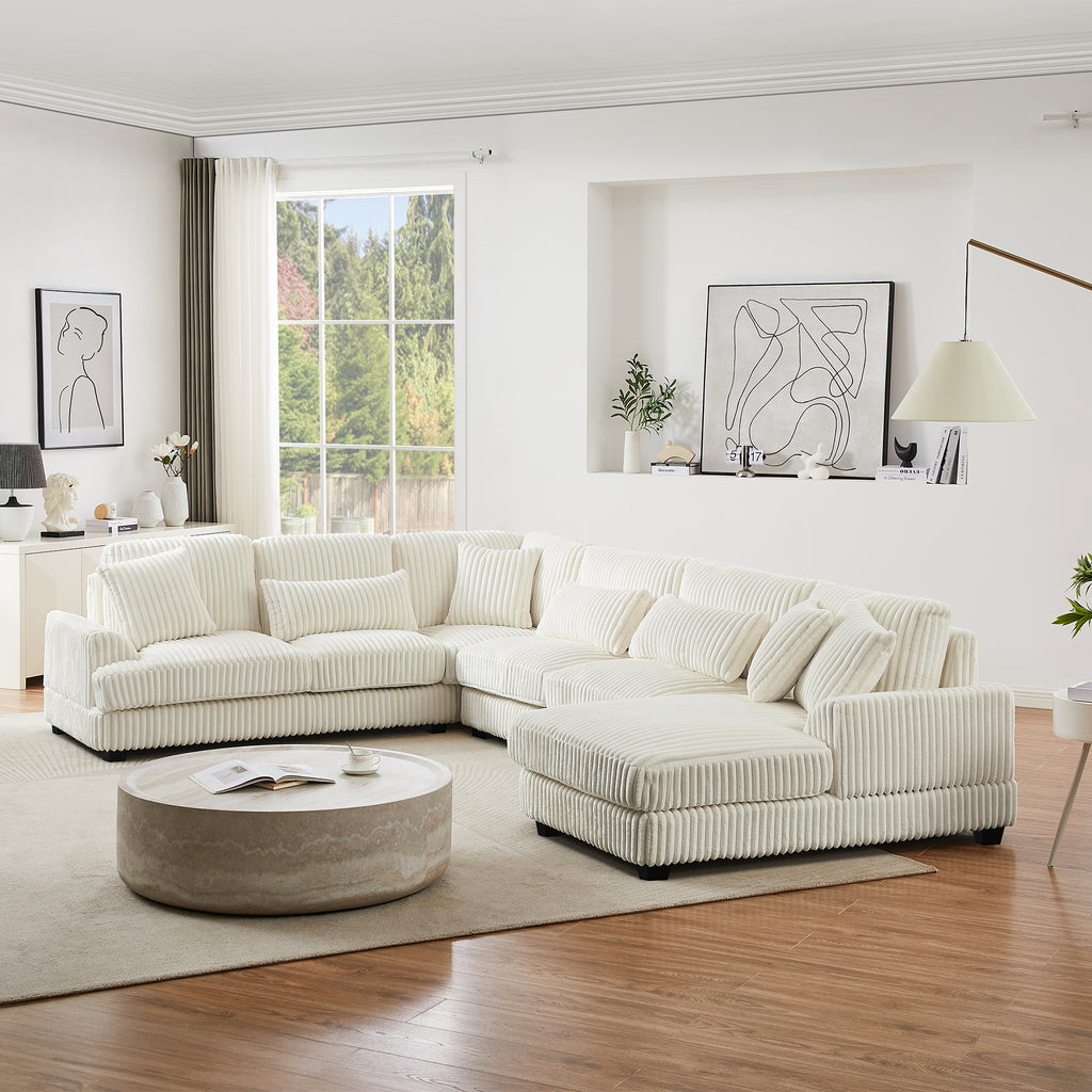Modern Oversized U-shaped Sectional Sofa with Chaise Lounge in Beige Corduroy, 129' - Grand Goldman Shop
