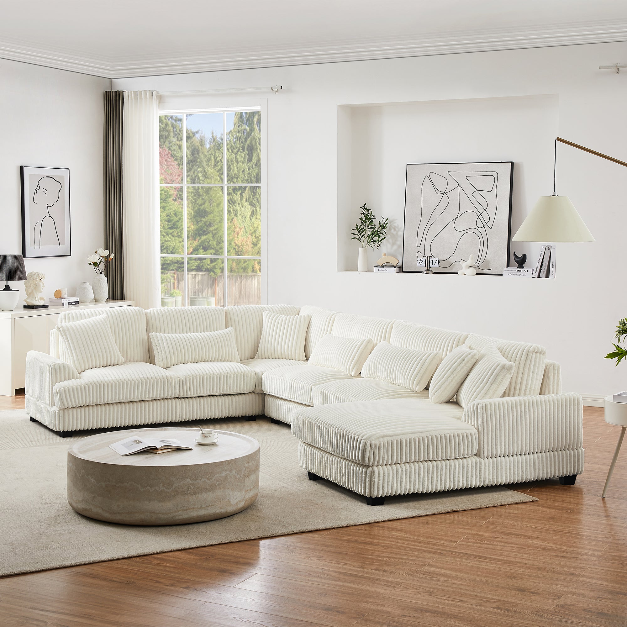 Modern Oversized U-shaped Sectional Sofa with Chaise Lounge in Beige Corduroy, 129' - Grand Goldman Shop