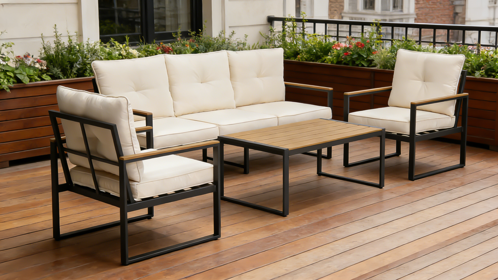 Gartenmöbel-Set aus Stahl, übergroße Loungemöbel für den Außenbereich mit tiefer Sitzfläche und breiter Armlehne, modulares Sofa aus Metall für den Außenbereich mit 10 cm dicken beigefarbenen Kissen und Couchtisch, 5-Sitzer für den Garten