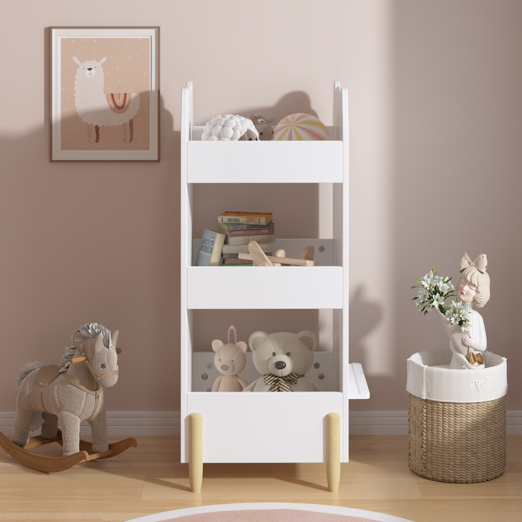 Kids Bookshelf with Chalkboard Side – Bear-Shaped Wooden Bookcase with 3-Tier Storage, Drawing Board for Toddlers, Toy and Bo