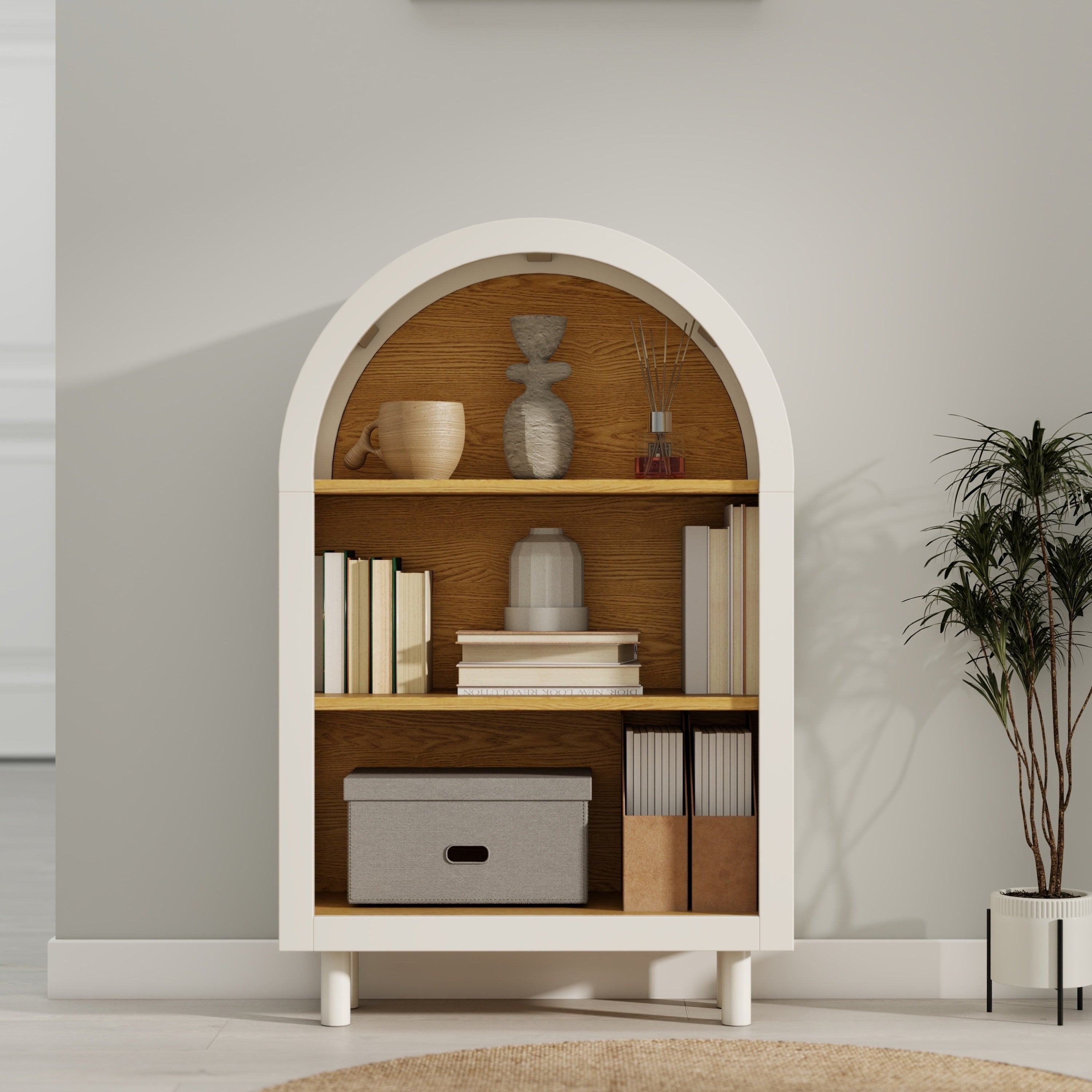 Arched Small Bookcase,Arched Storage Cabinet,Wooden Modern Arched Top Bookshelf with 3 Shelves,White with Woodgrain Shelves, 3-Tier Storage Shelf for Living Room, Bedroom, Entryway - Grand Goldman Shop