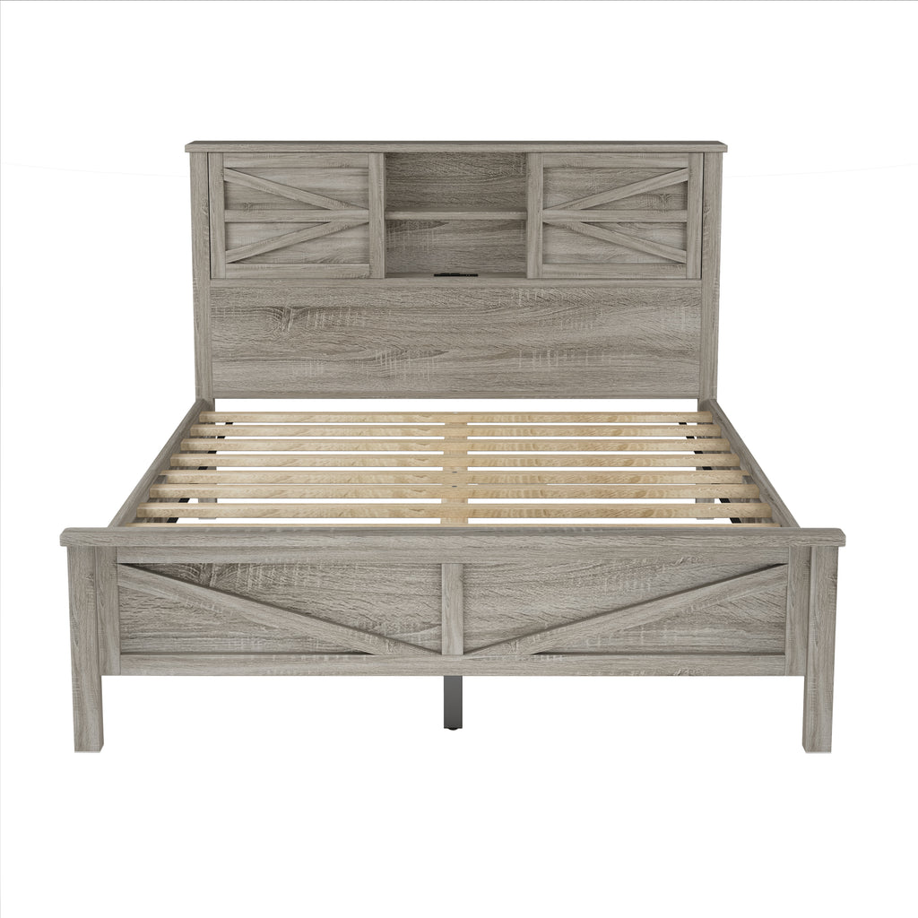 3-Pieces Bedroom Sets Queen Size Farmhouse Platform Bed with Double Sliding Door Storage Headboard and Charging Station, Storage Nightstand and Dresser, Antique Gray(Old SKU HL000092AAG) - Grand Goldman Shop