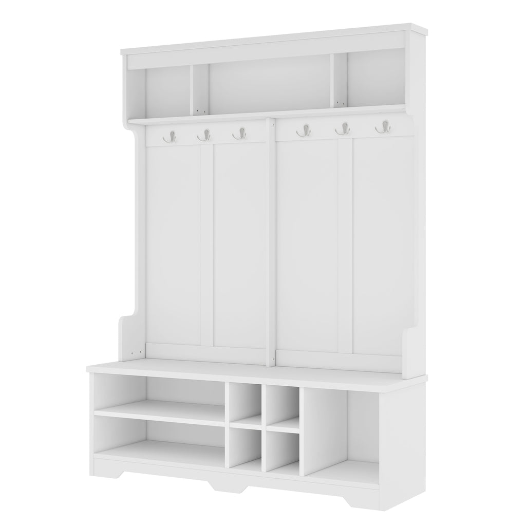 Modern Hallway Hall Tree with Metal Hooks and Storage Space, Multi-Functional Entryway Coat Rack with Shoe Cubbies, White - Grand Goldman Shop
