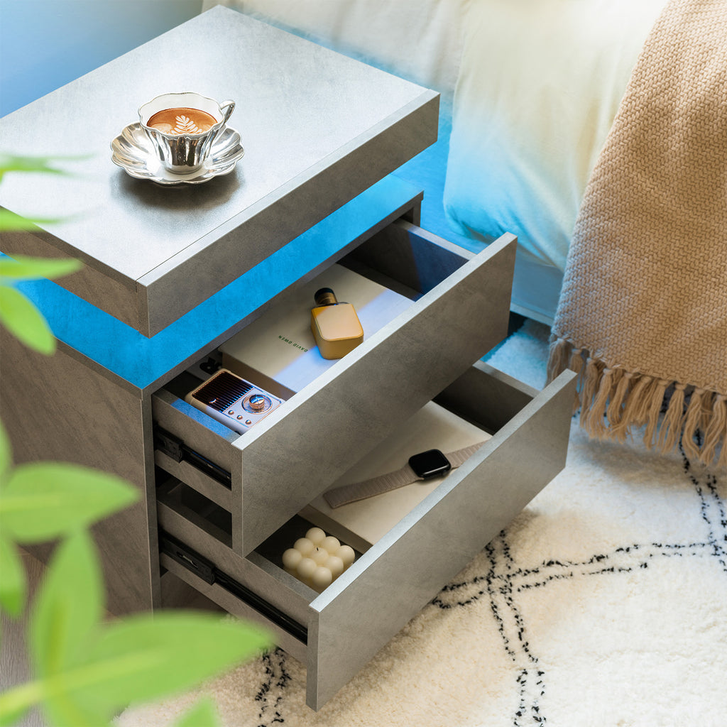 Nightstand LED Bedside Table Cabinet Lights Modern End Side with 2 Drawers for Bedroom (Deep Gray) - Grand Goldman Shop