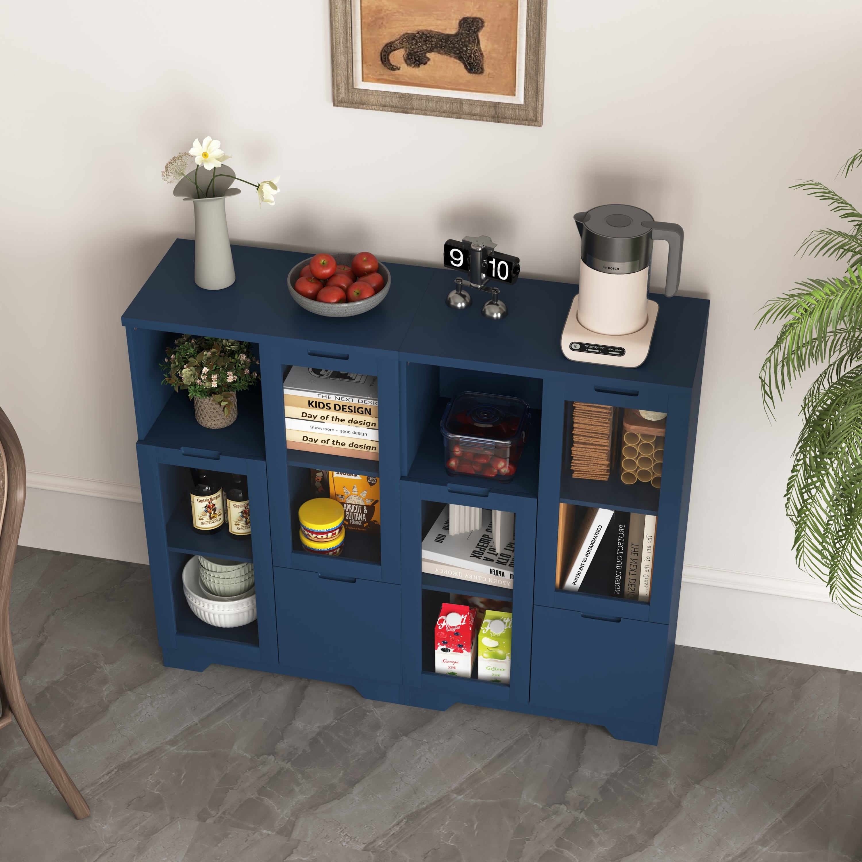 Navy Blue MDF Painted Cabinet with Glass Doors, Drawer, and Open Storage Space for Bedroom and Living Room - Grand Goldman Shop