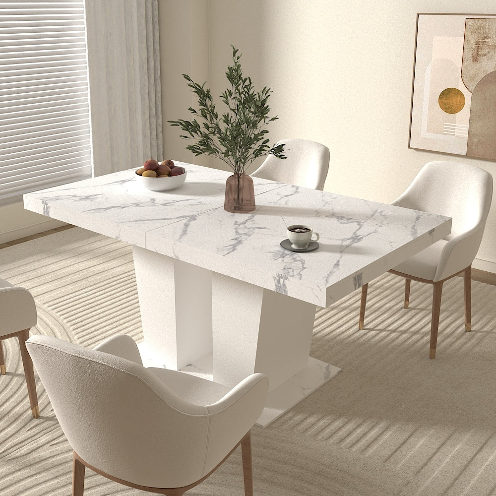 Extendable Dining Room Table for 6-10 Modern White Faux Marble Wooden Expandable Kitchen Table w/Dual Column Pedestal Base, Large Rectangle Dining Table - Grand Goldman Shop
