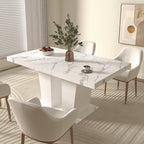 Extendable Dining Room Table for 6-10 Modern White Faux Marble Wooden Expandable Kitchen Table w/Dual Column Pedestal Base, Large Rectangle Dining Table - Grand Goldman Shop