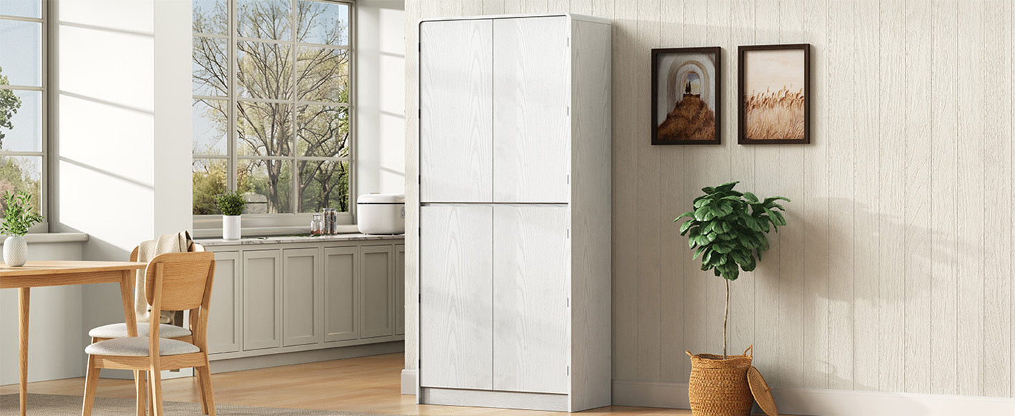 K&K 72' Tall Farmhouse Kitchen Pantry Cabinet with 8 Door Shelves, Curved Design Storage Cabinet with 3 Adjustable Shelves, Hidden Drawer, Versatile Cupboard for Kitchen, Dining & Bathroom, White - Grand Goldman Shop