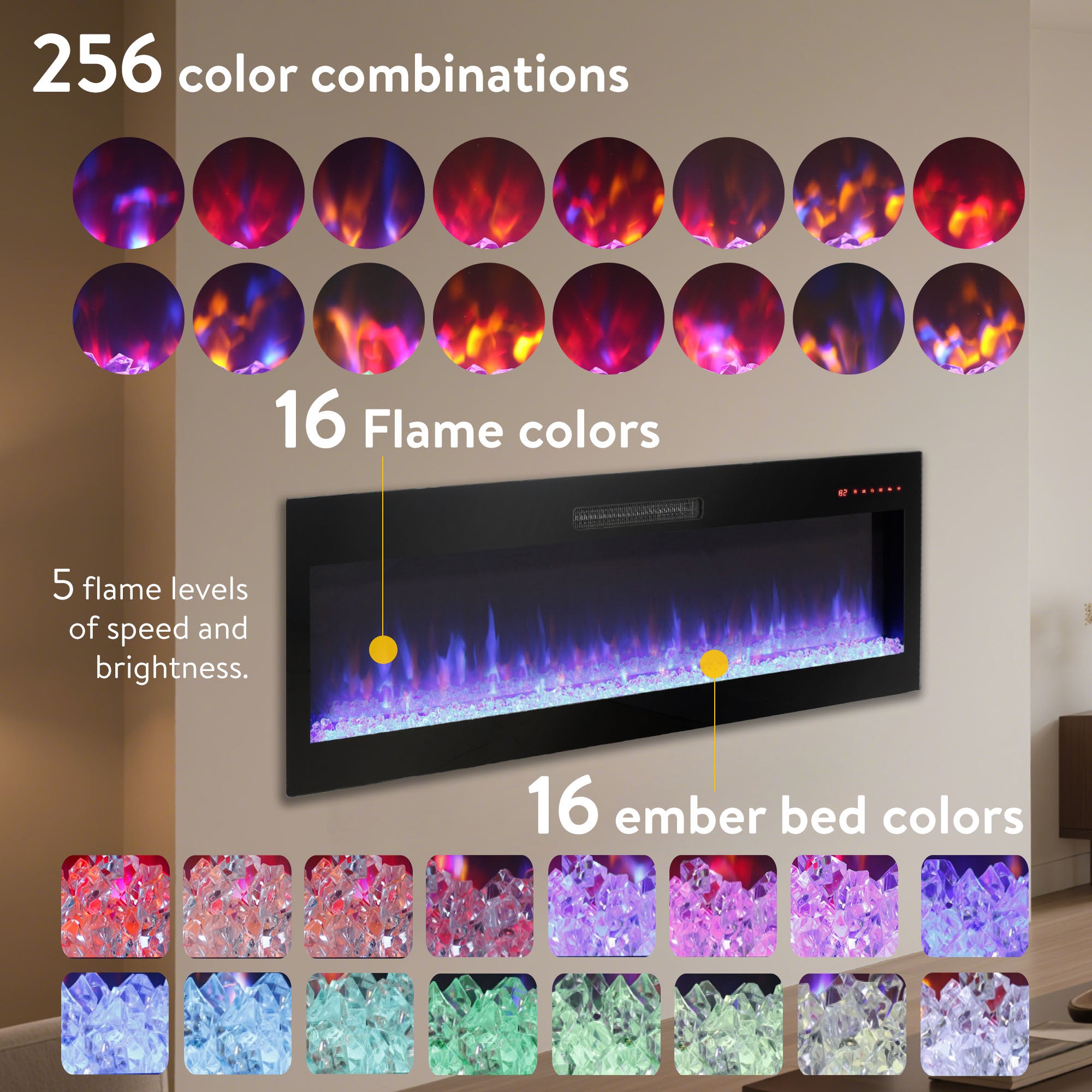 Smart 60' WiFi-Enabled Electric Fireplace Heater, Recessed in-Wall and Wall-Mounted - Grand Goldman Shop