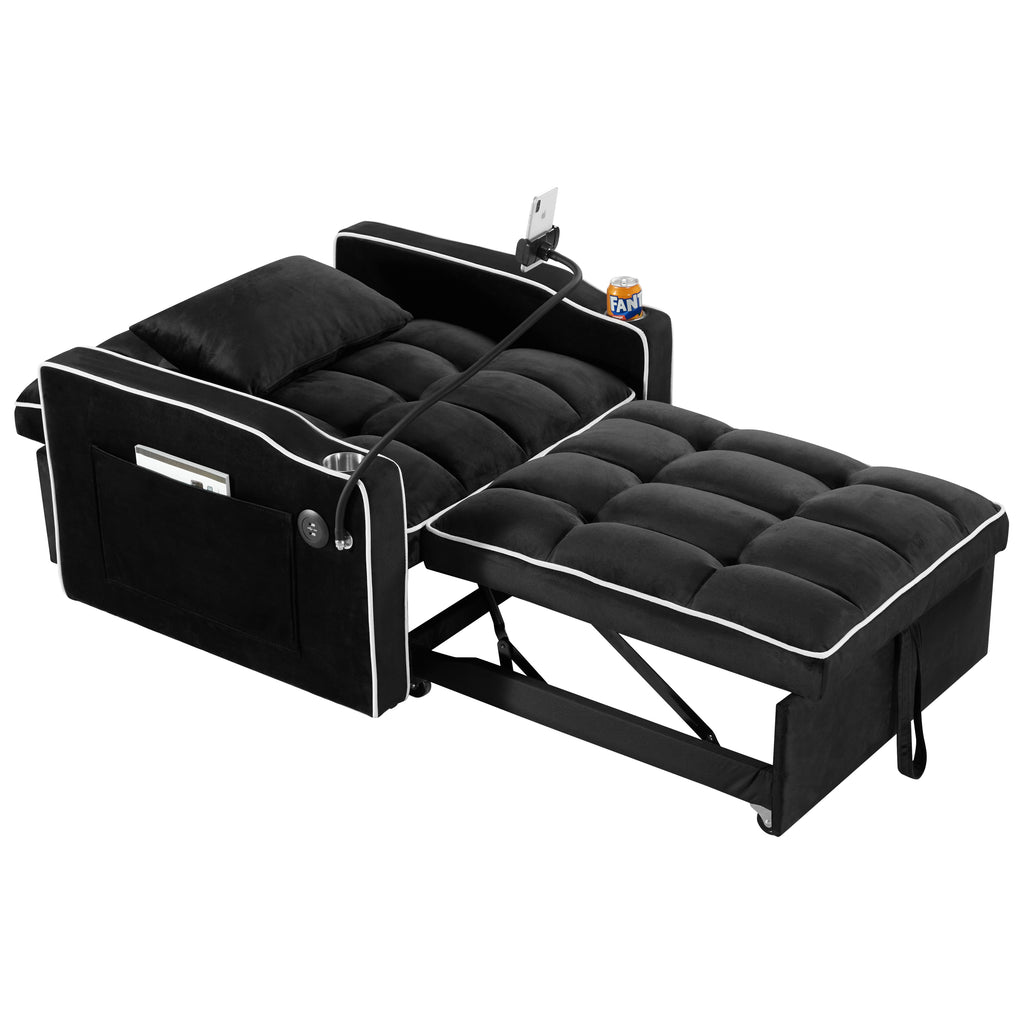 Convertible Sleeper Chair Sofa Bed with Multi-Pockets, Adjustable Pull Out Sofa for Small Spaces, Black Velvet - Grand Goldman Shop