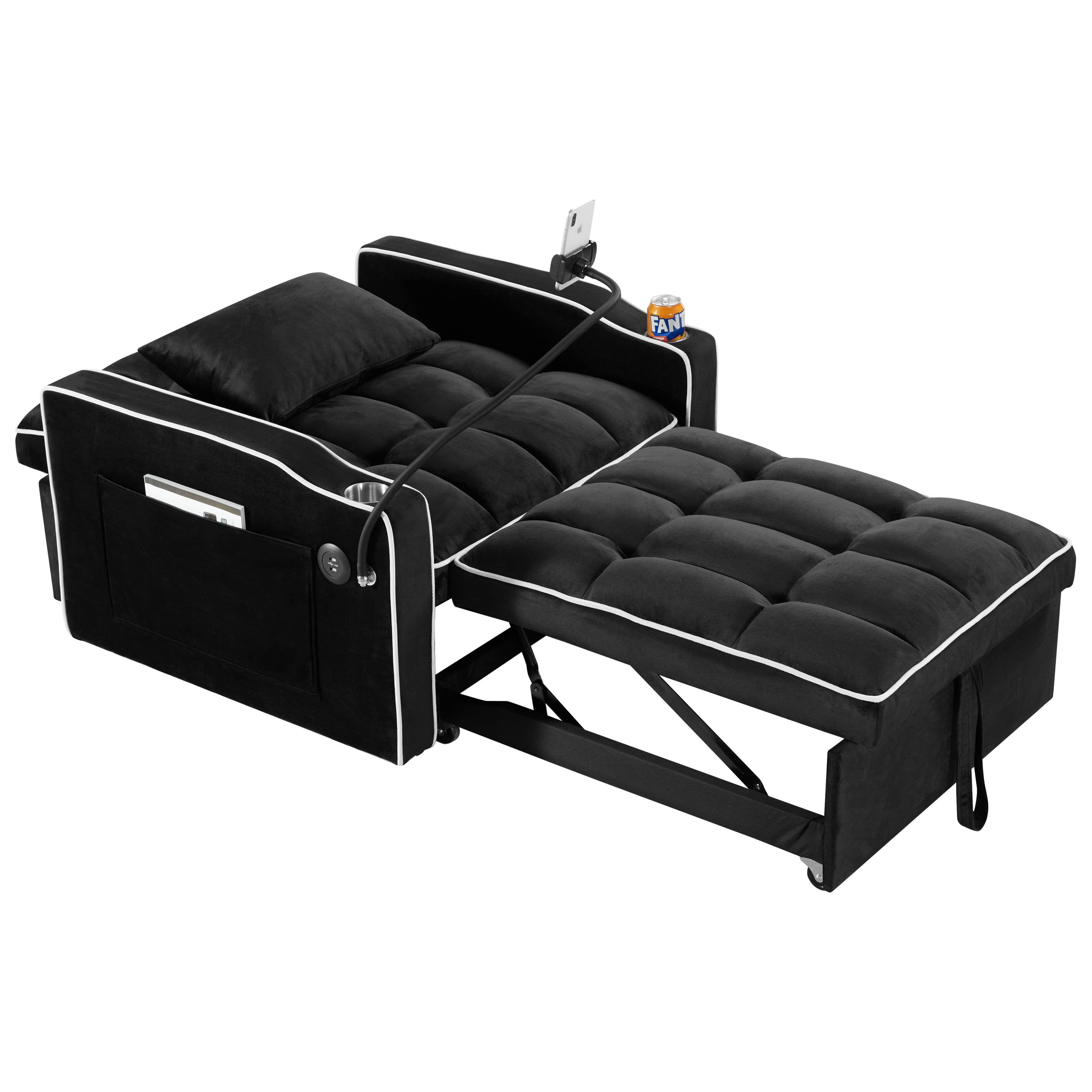 Convertible Sleeper Chair Sofa Bed with Multi-Pockets, Adjustable Pull Out Sofa for Small Spaces, Black Velvet - Grand Goldman Shop