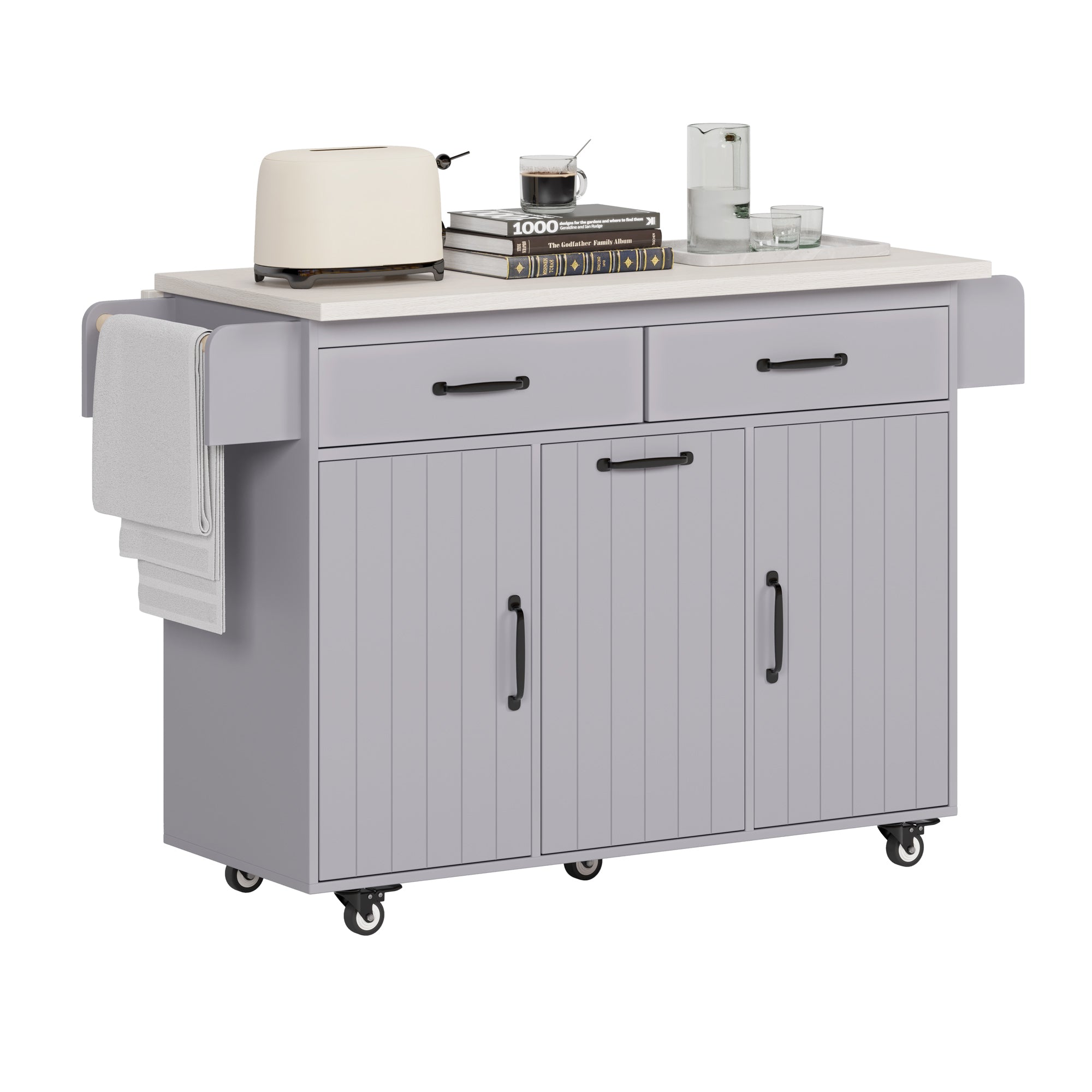 K&K Kitchen Island with Trash Can Storage Cabinet, Kitchen Cart with Drop Leaf, Spice Rack, Towel Rack and Drawer, Rolling Kitchen Island on Wheels with Adjustable Shelf, Grey - Grand Goldman Shop