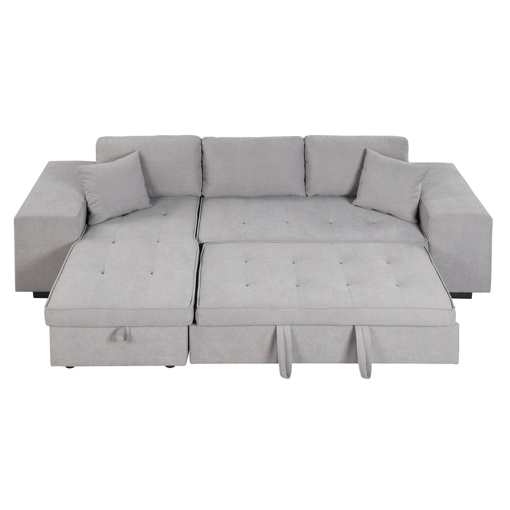 Modern Reversible L-Shape Pull Out Sleeper Sofa with Storage Chaise and Stools, Gray Linen, 104.5' - Grand Goldman Shop