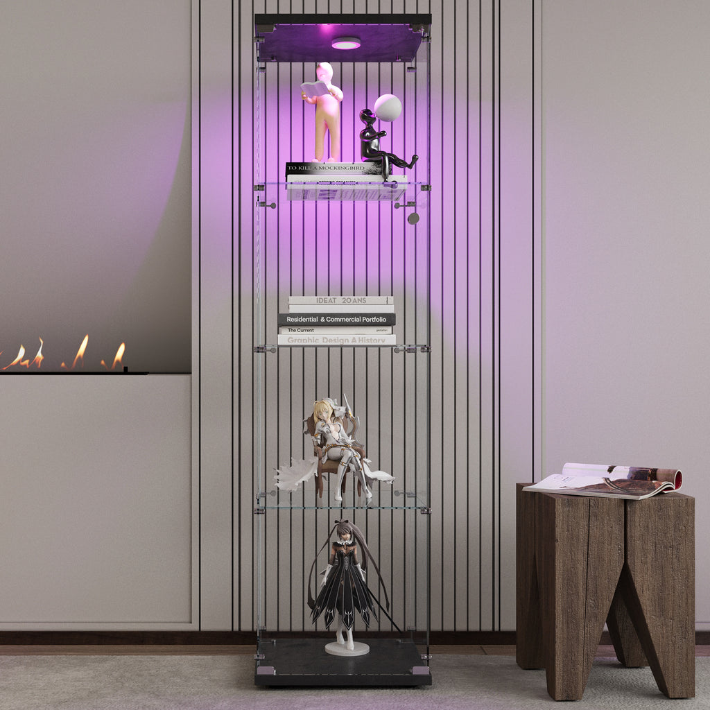 LED lights  Glass Display Cabinet 4 Shelves with Door, Floor Standing Curio Bookshelf for Living Room Bedroom Office, 64.7'*1