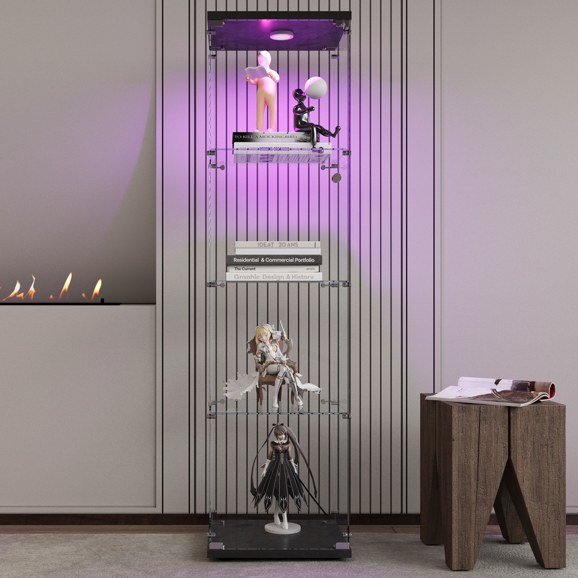 LED lights  Glass Display Cabinet 4 Shelves with Door, Floor Standing Curio Bookshelf for Living Room Bedroom Office, 64.7'*1