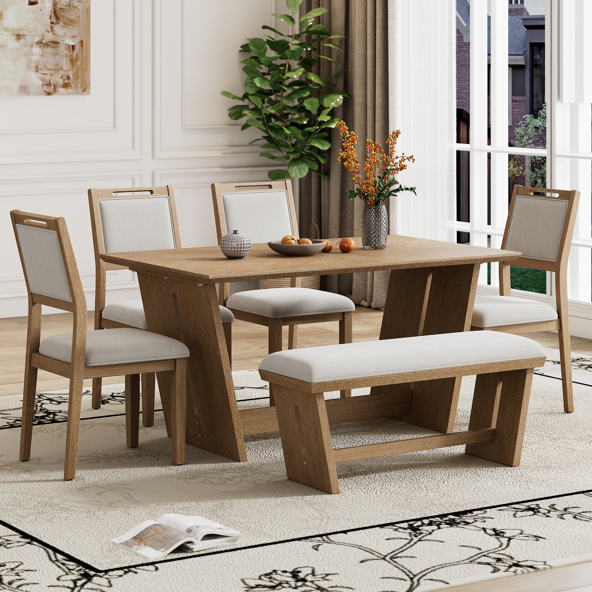TREXM 6-Piece Retro Dining Table Set for 6, 60' Wood Kitchen Table and Chairs Set of 4 with Bench Designed Trestle Base for kitchen & Dining Room (Natural Wood Wash) - Grand Goldman Shop