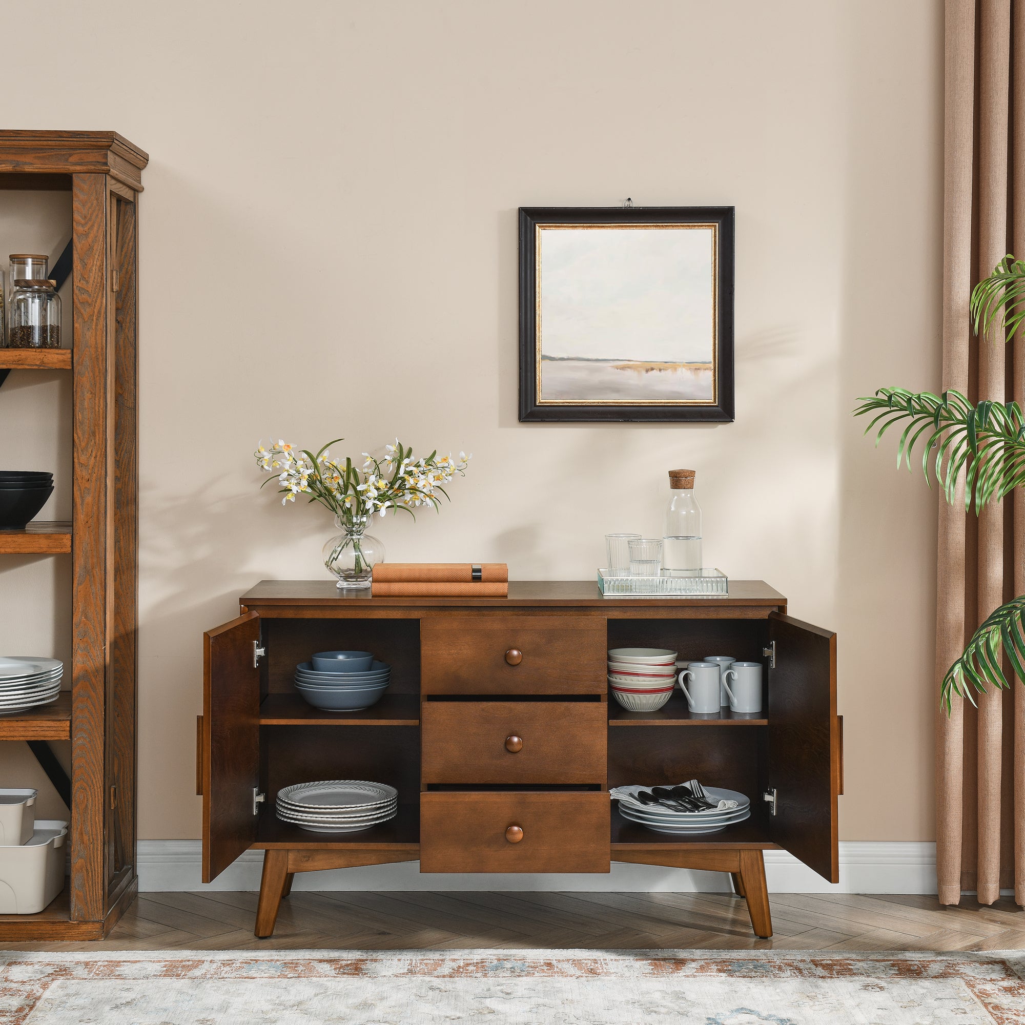 47.3' Mid Century Modern Sideboard Buffet Cabinet with Storage, Storage Cabinet with 2 Doors and 3 Drawers for Kitchen Dining Living Room, Accent Console Table, Walnut - Grand Goldman Shop