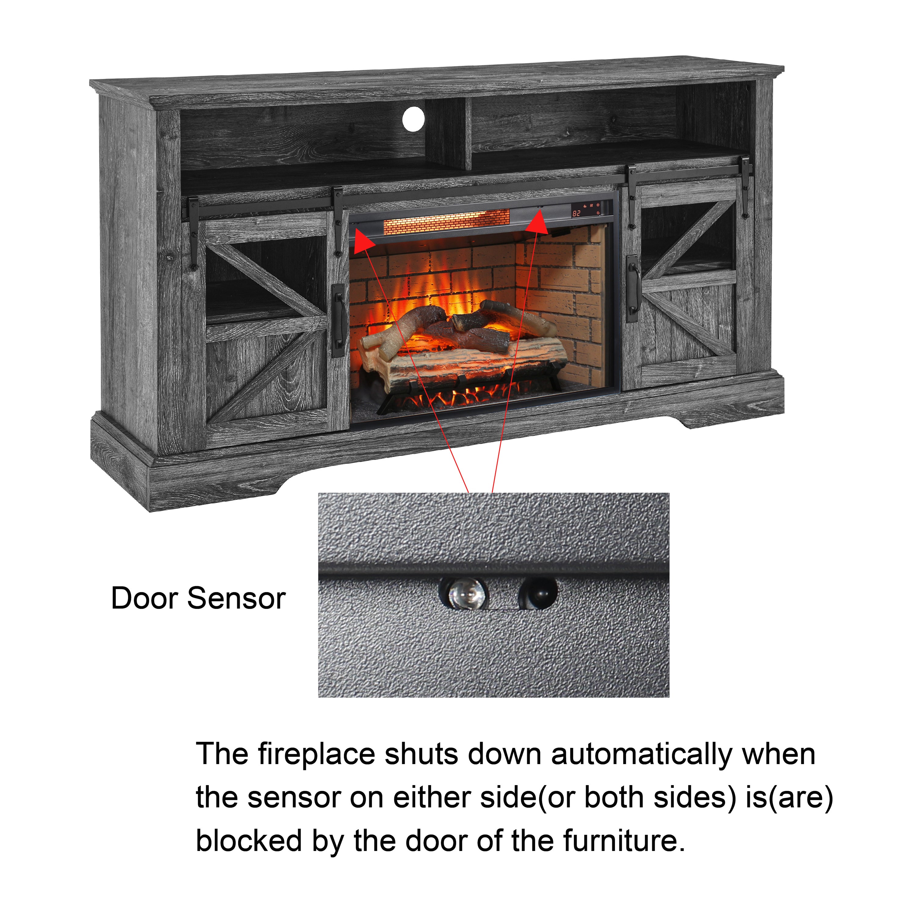 60 Inch Electric Fireplace Entertainment Center With Door Sensor-Dark Rustic Oak - Grand Goldman Shop