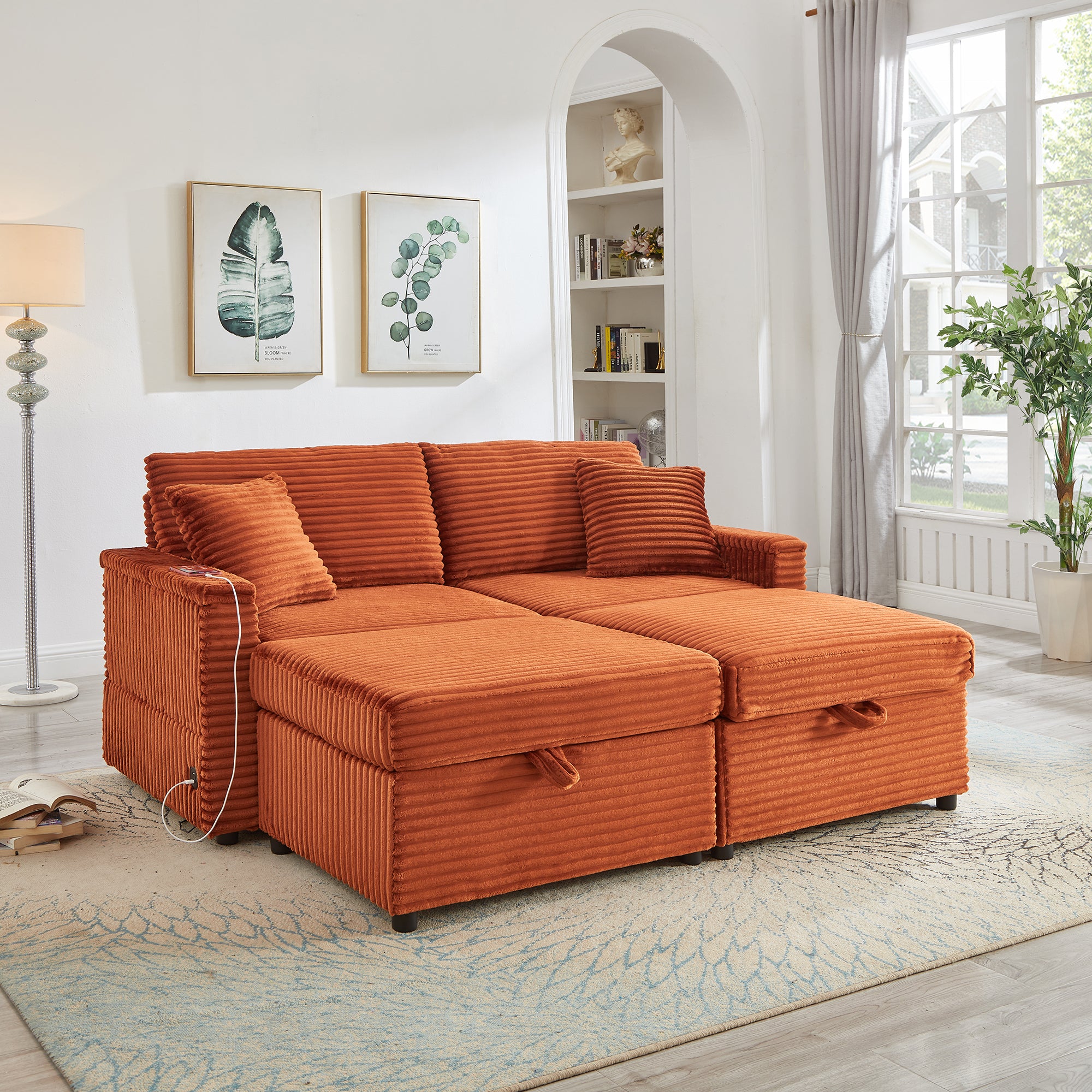 Comfortable Fluffy Corduroy Lazy Sofa, Storage Space for Big Loveseat, Super Soft Chaise Lounge with Double Ottomans and Table Board,Suitable for Chailiving - Grand Goldman Shop