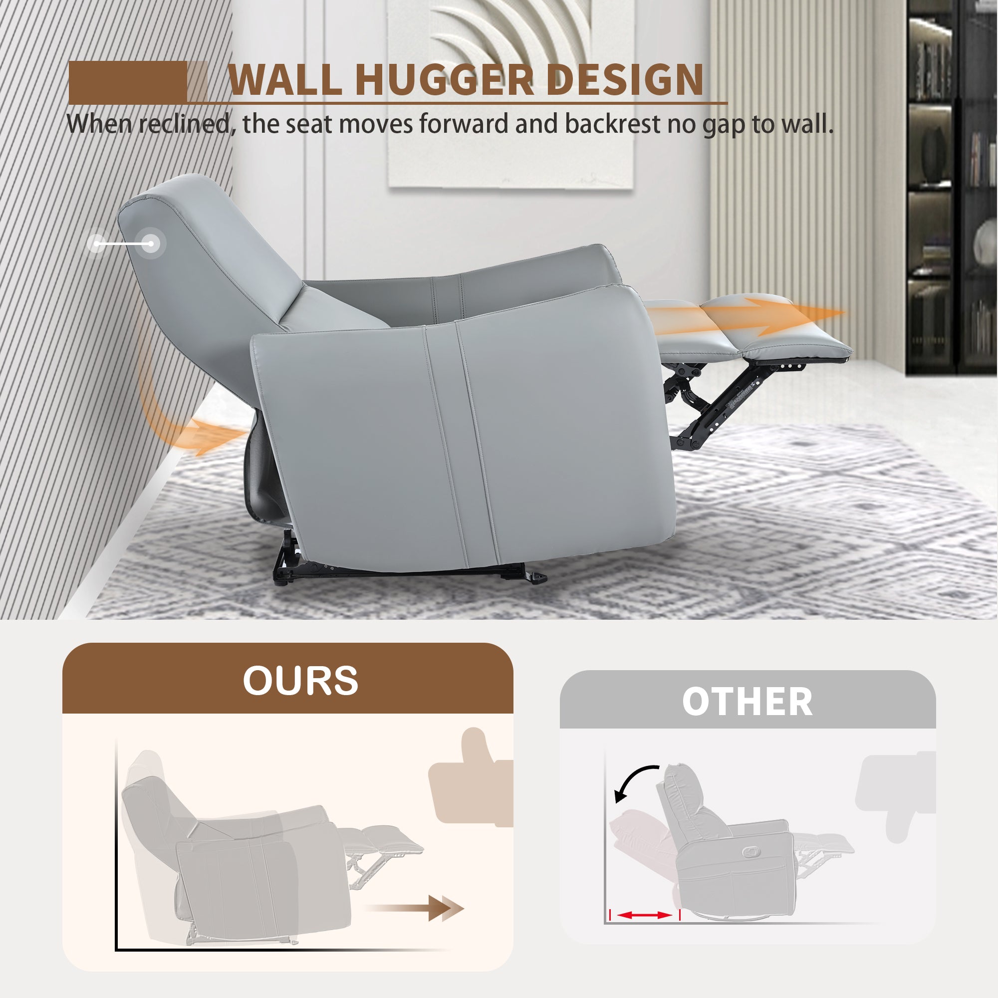 Wall Hugger Recliner,Power Recliner Chair,Electric Recliner for Living Room,PU Leather Reclining Armchair for small space,Reclining Sofa for Bedroom/Apartment/RV,with USB Port(Type-C) (Blue-Gray) - Grand Goldman Shop