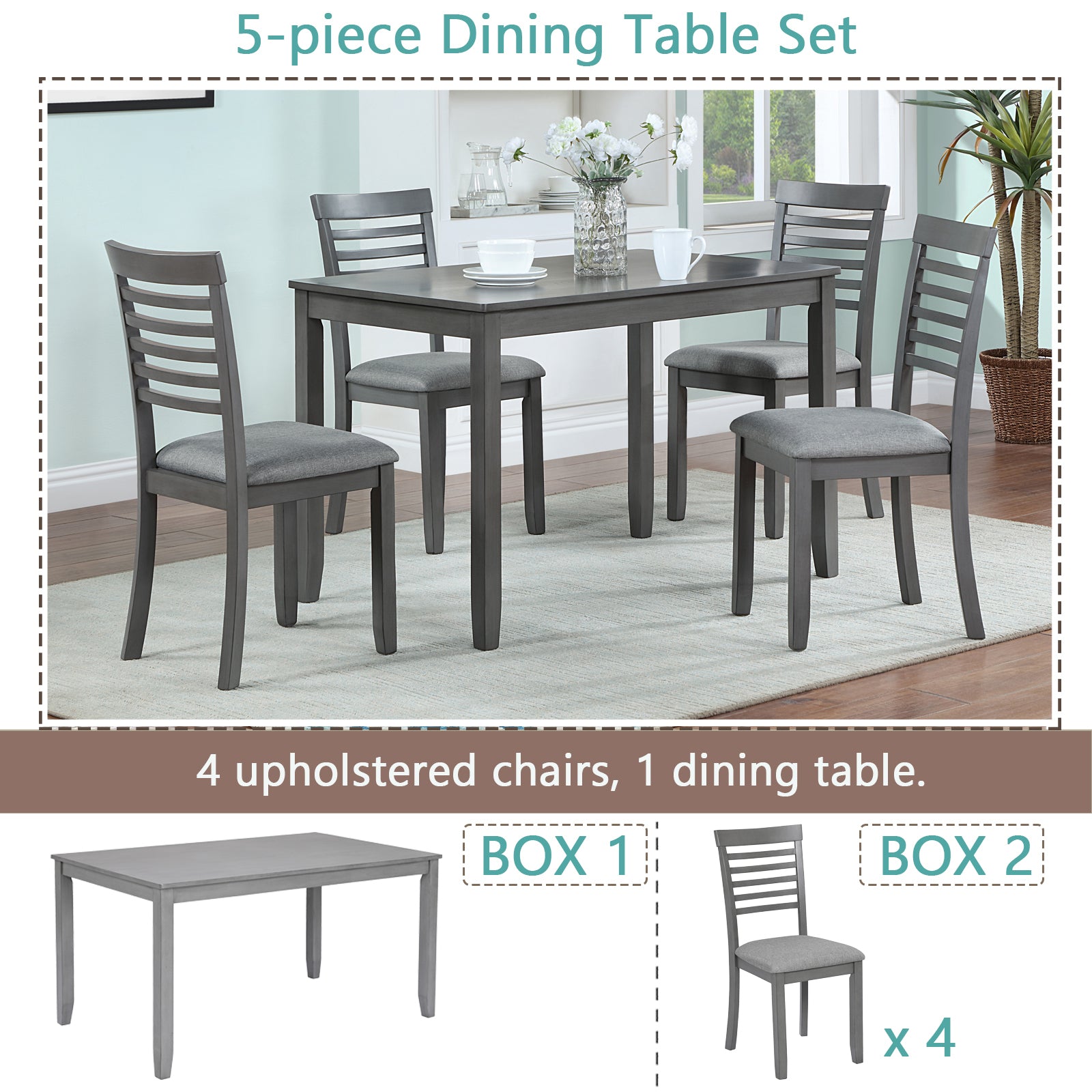 5PCs Modern Dining Set, Rectangular Wooden Dining Table with 4 Upholstered Chairs for Kitchen, Dining Room, Gray - Grand Goldman Shop