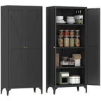 Black Metal Adjustable 2-Door Kitchen Pantry Cabinet with Striped Design and Gold Handles, Tall Steel Storage Locker for Kitc