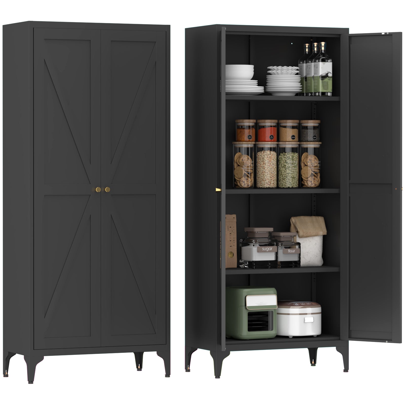 Black Metal Adjustable 2-Door Kitchen Pantry Cabinet with Striped Design and Gold Handles, Tall Steel Storage Locker for Kitc