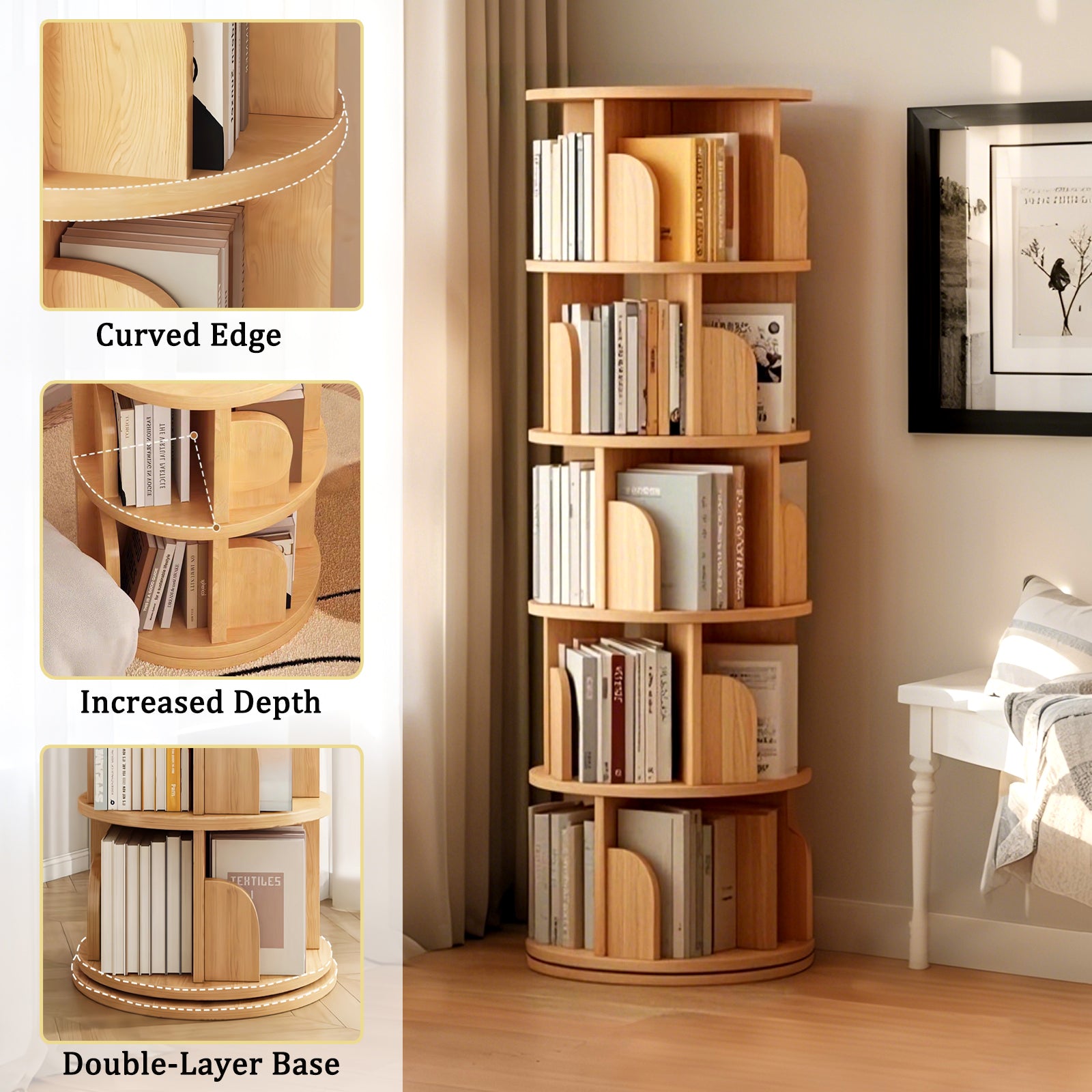 5 Tier Rotating Bookshelf, 360° Display Round Spinning Bookshelf, Space-Saving, Small Space Rotating Bookshelf Tower for Bedroom, Living Room, Home, Office, Wood Color - Grand Goldman Shop
