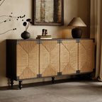 Accent Natural Sideboard Buffet Cabinet Storage Wood TV Stand in Wire-Brushed and Seagrass Doors Sideboard, for Hallway, Entryway or Dining Room - Grand Goldman Shop