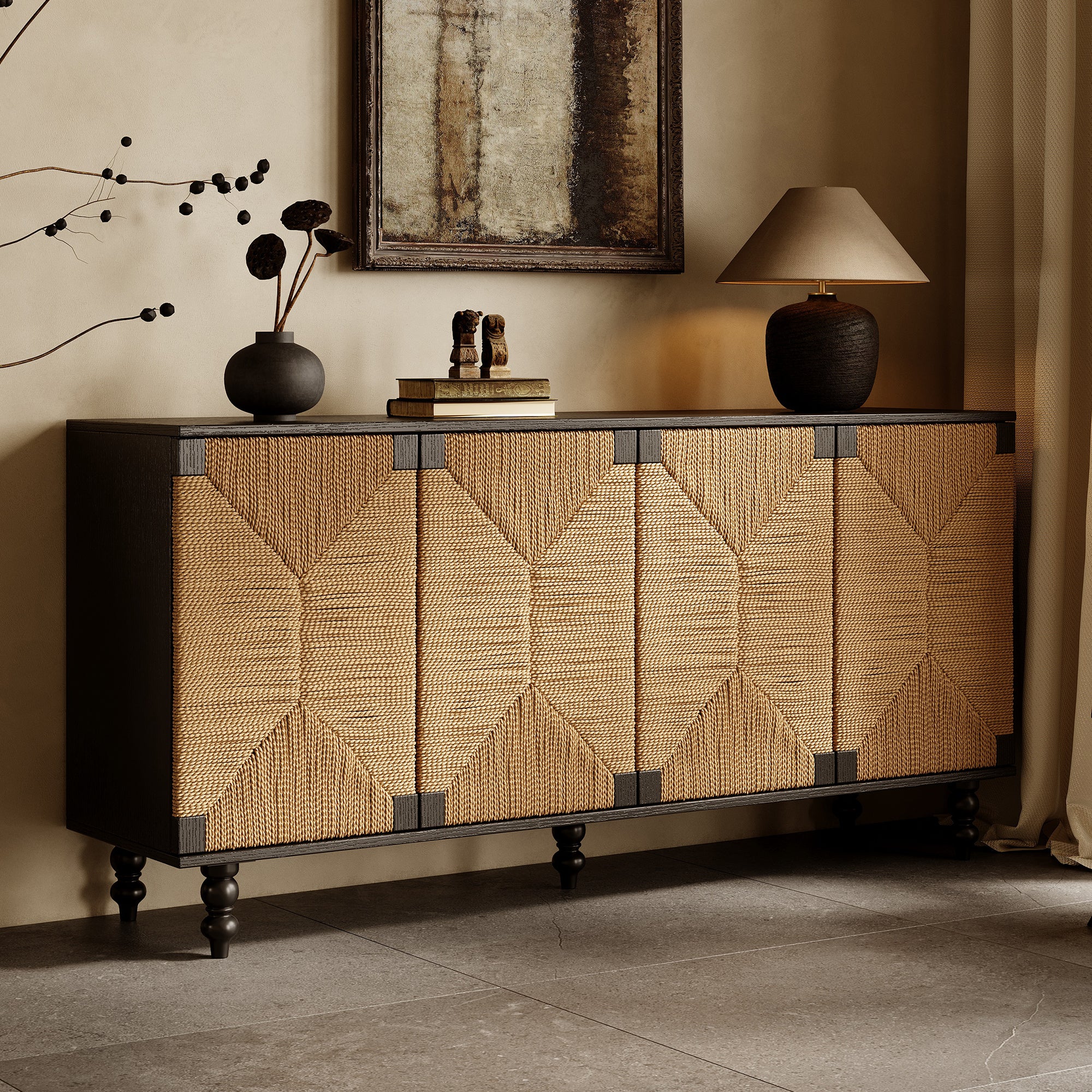 Accent Natural Sideboard Buffet Cabinet Storage Wood TV Stand in Wire-Brushed and Seagrass Doors Sideboard, for Hallway, Entryway or Dining Room - Grand Goldman Shop