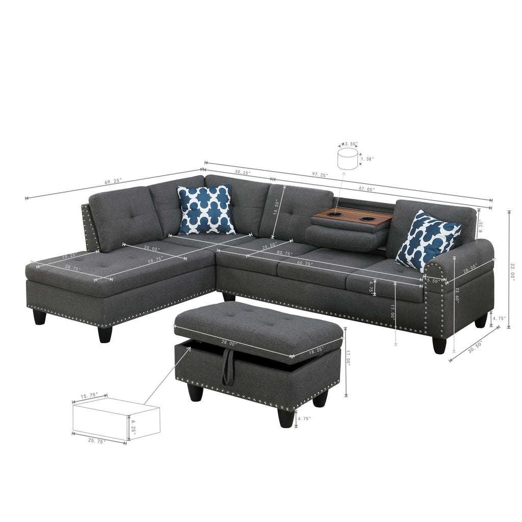 Alger Modern 98' Wide Left Hand Facing Sofa & Chaise with Ottoman in Dark Gray Linen - Grand Goldman Shop