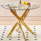 Golden Modern Dining Table with Cross Metal Legs and Glass Top, Space-Saving Kitchen Table for Living Room - Grand Goldman Shop