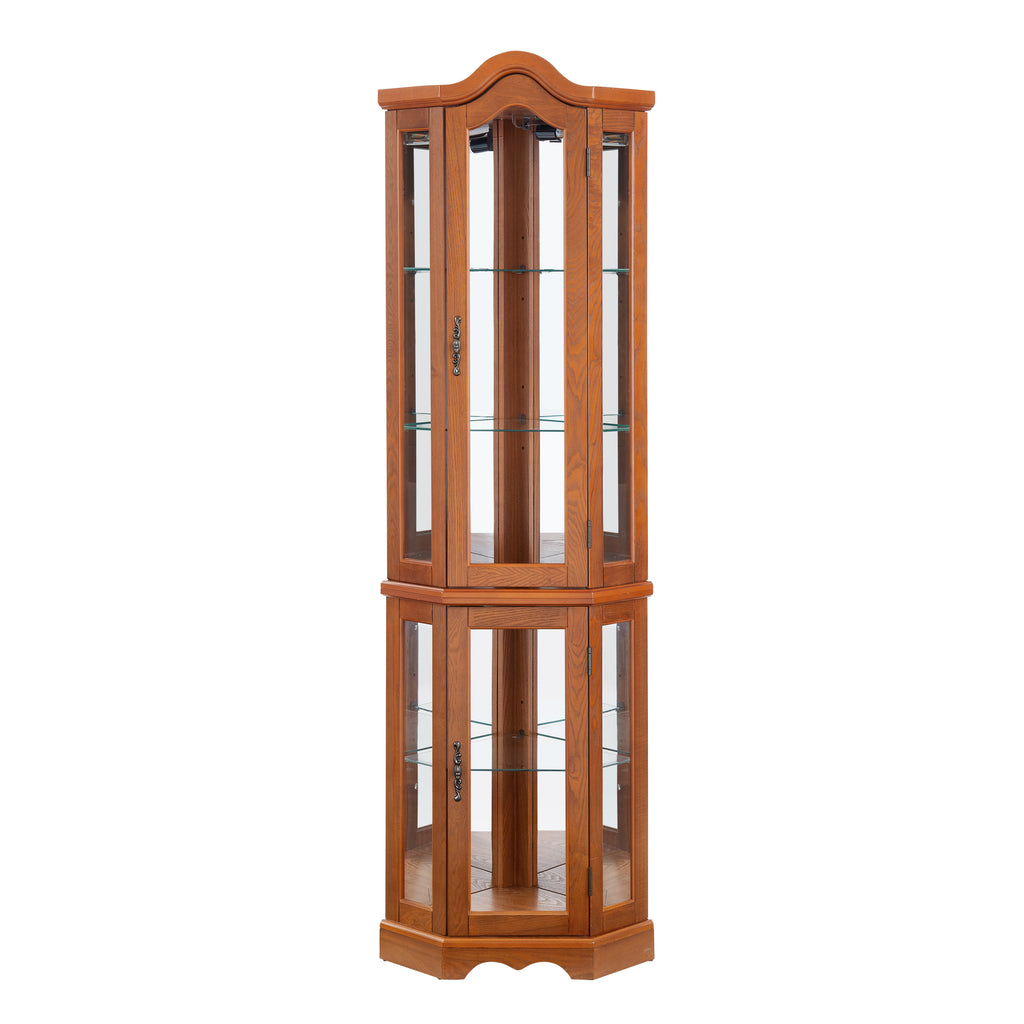 Curio Cabinet Lighted Glass Display Curio Cabinet w/Tempered Glass Doors and Shelves, Crown Corner Cabinet with Bulb, Corner Storage Decoration for Living room and Bedroom OAK - Grand Goldman Shop