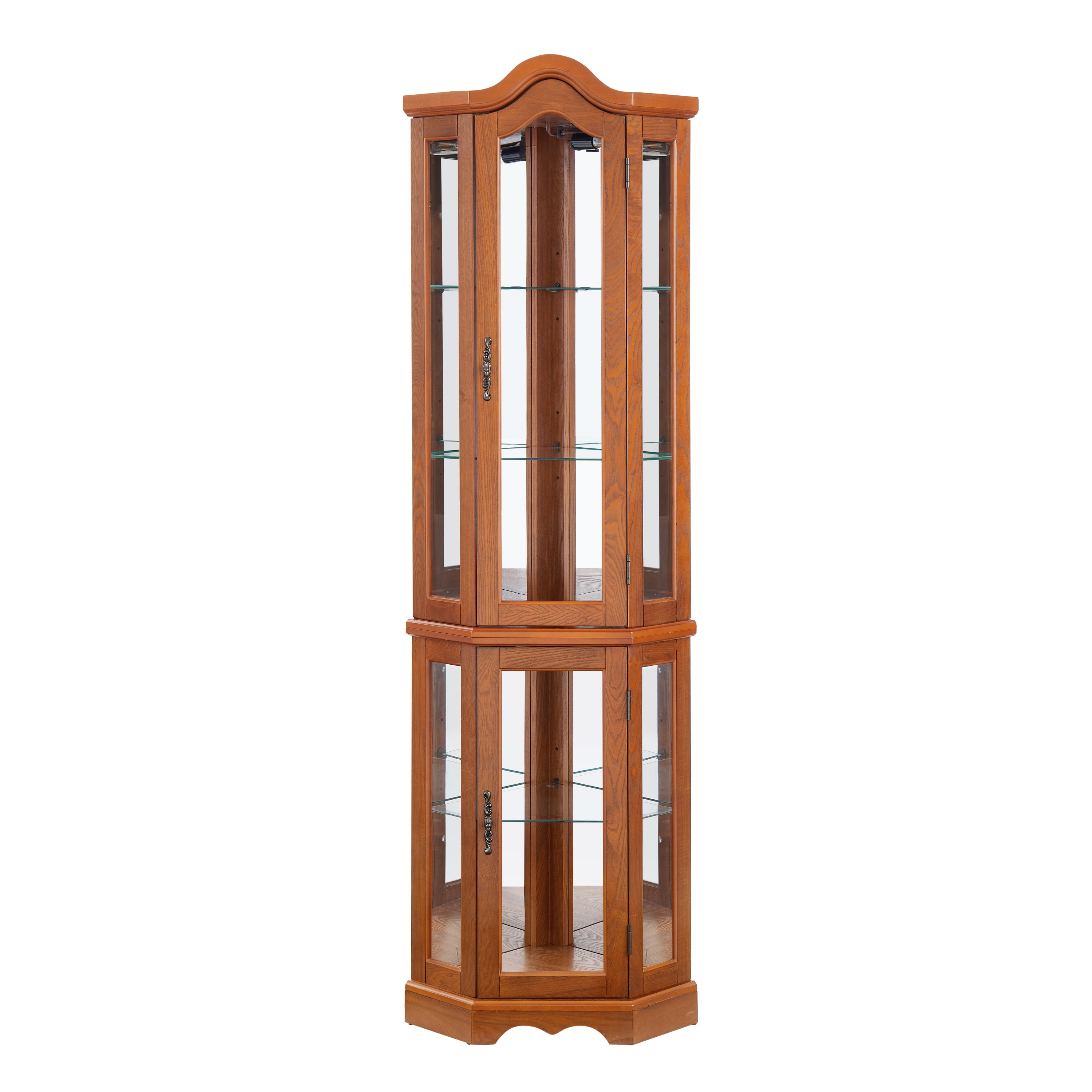 Curio Cabinet Lighted Glass Display Curio Cabinet w/Tempered Glass Doors and Shelves, Crown Corner Cabinet with Bulb, Corner Storage Decoration for Living room and Bedroom OAK - Grand Goldman Shop
