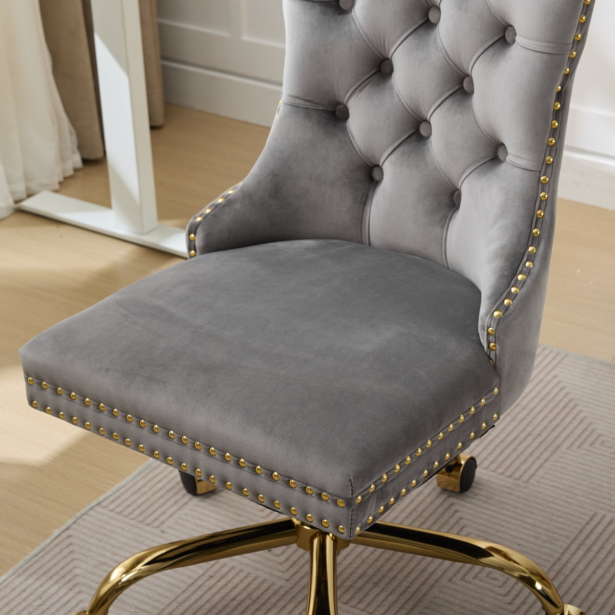 A&A Furniture Office Chair,Modern Velvet Upholstered Tufted Button Home Office Chair with Golden Metal Base,Adjustable Desk C
