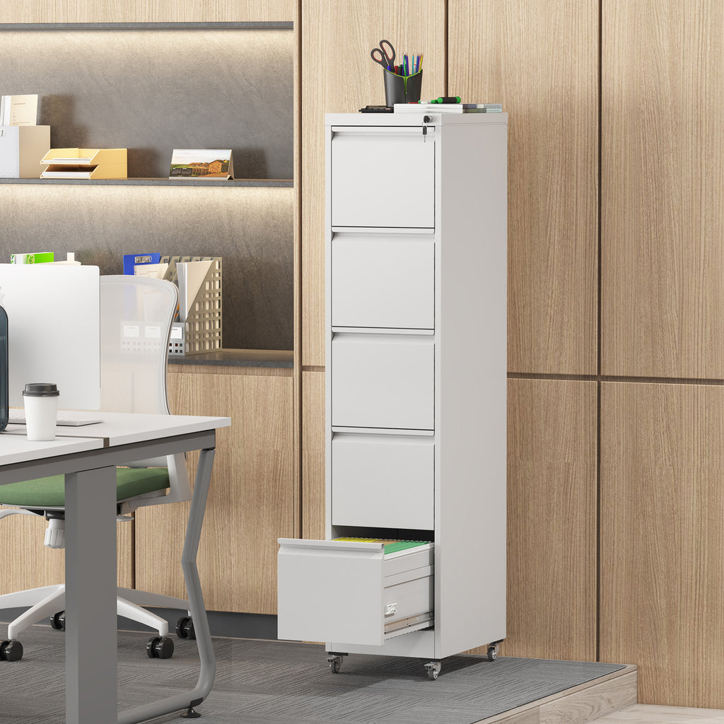 Heavy Duty 5 Drawer Metal Vertical File Cabinet with Lock and Wheels for Home Office, White, 17.72'D x 14.96'W x 64.21'H | Pr