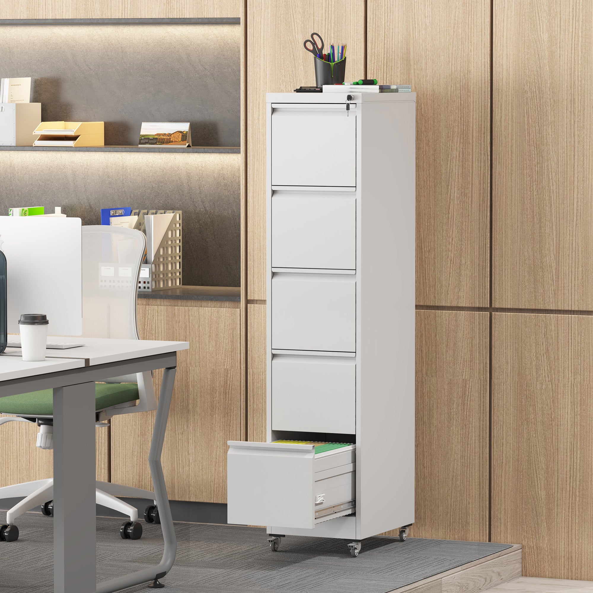 Heavy Duty 5 Drawer Metal Vertical File Cabinet with Lock and Wheels for Home Office, White, 17.72'D x 14.96'W x 64.21'H | Pr