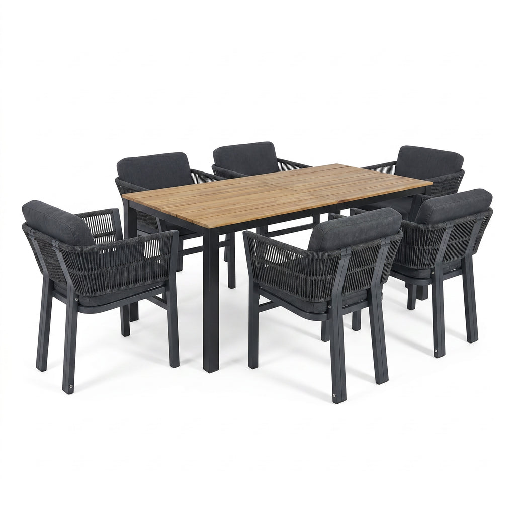 7-teiliges Outdoor-Esszimmer-Set mit Akazienholz-Tisch und 6 grauen Aluminiumstühlen, wetterfeste Terrassenmöbel in Grau und Teak-Finish