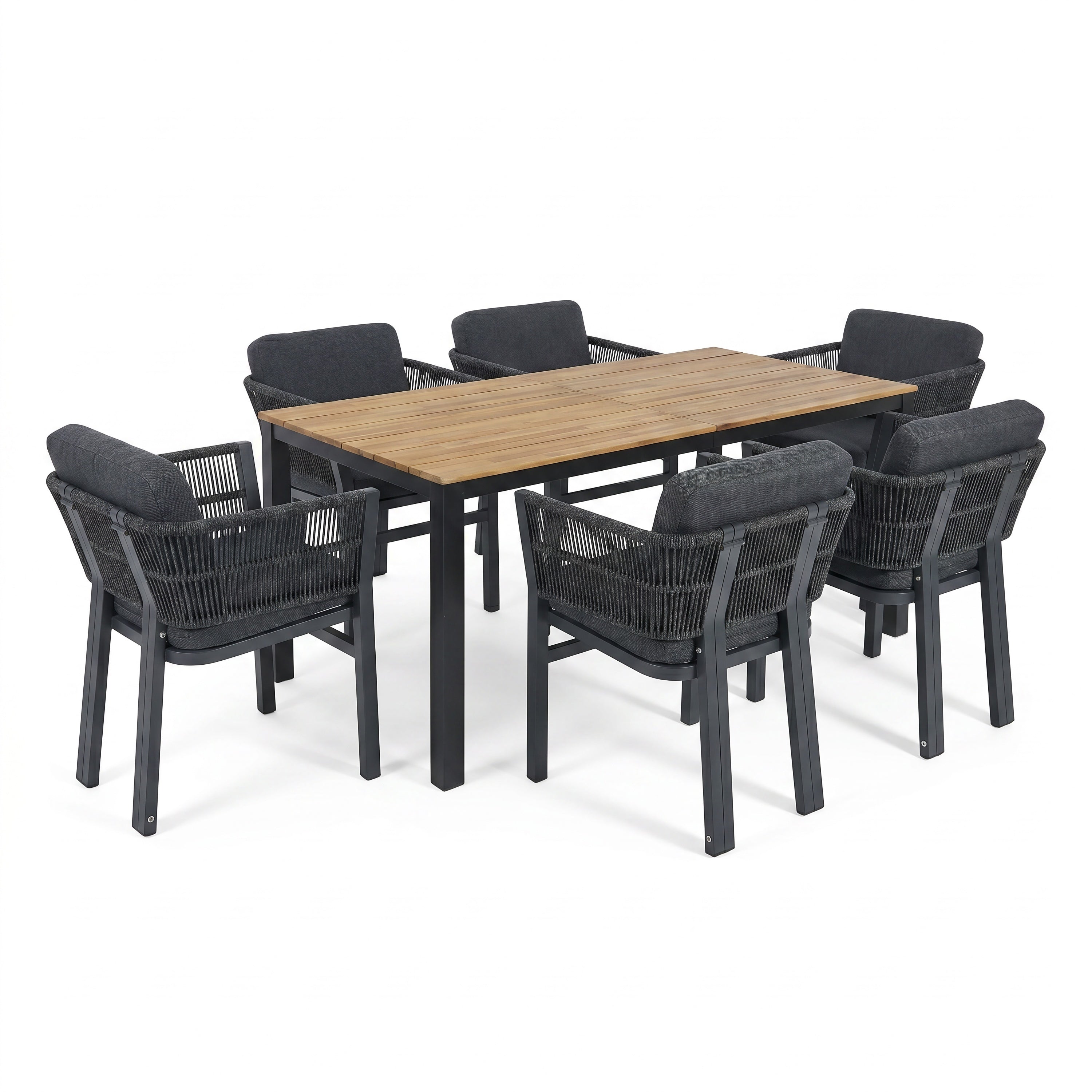 7-teiliges Outdoor-Esszimmer-Set mit Akazienholz-Tisch und 6 grauen Aluminiumstühlen, wetterfeste Terrassenmöbel in Grau und Teak-Finish