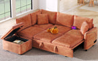 Convertible L-shaped Sofa Bed with Storage Ottoman, Power Sockets & USB Ports, Orange Chenille, 82.67' - Grand Goldman Shop