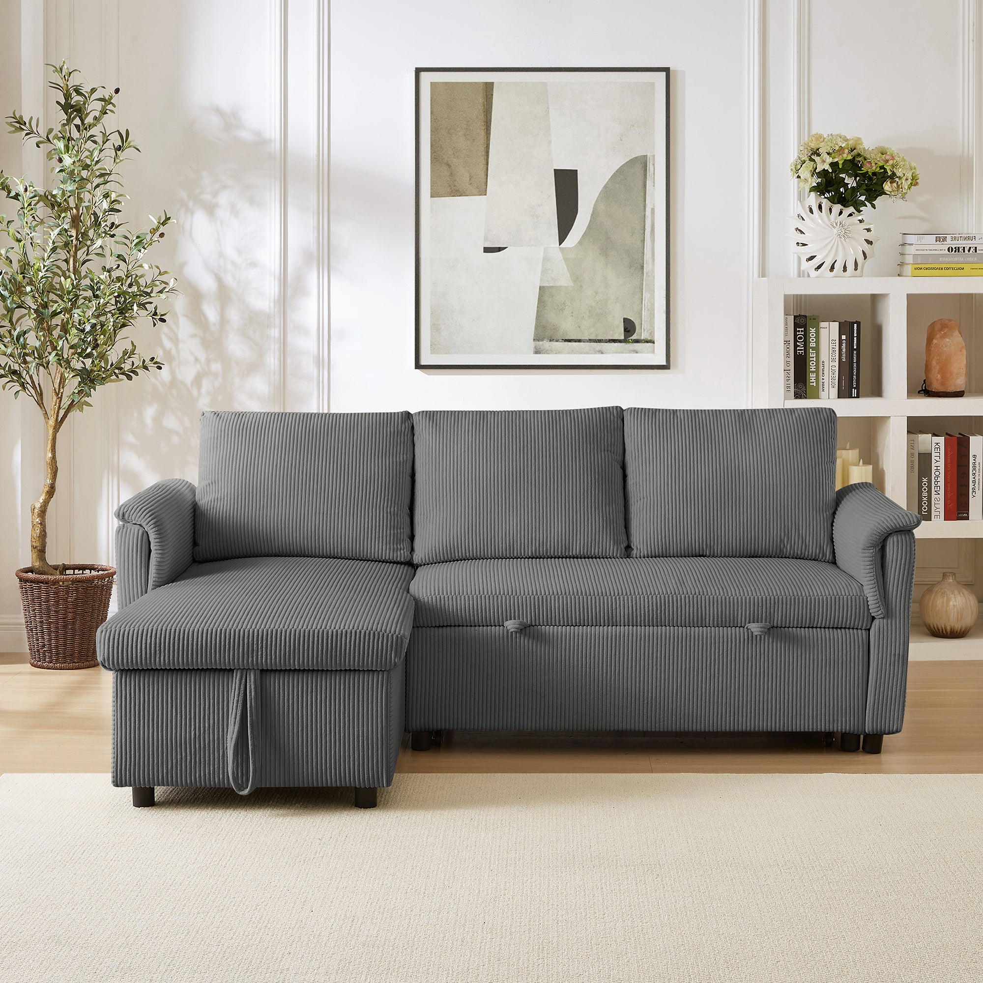 Loveseat Sofa with Chaise Lounge L-Shaped Modular Convertible Sofa with Storage Chaise, Corduroy Tufted Upholstered Sleeper Sectional Sofa,Pull Out Sleep Couch Bed and Reclining Backrest-Gray - Grand Goldman Shop
