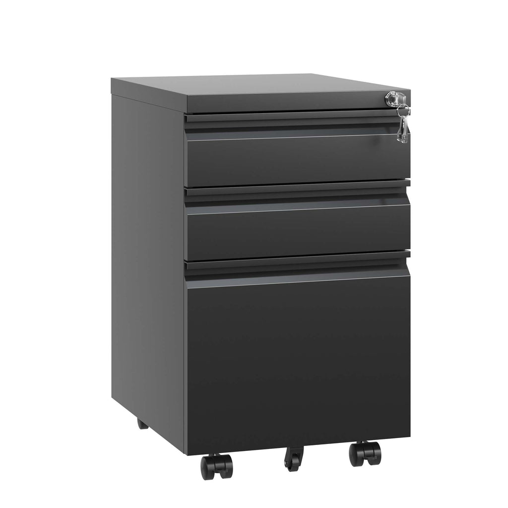 Black Metal 3 Drawer Mobile File Cabinet with Lock for Home Office Organizer, Fully Assembled - Grand Goldman
