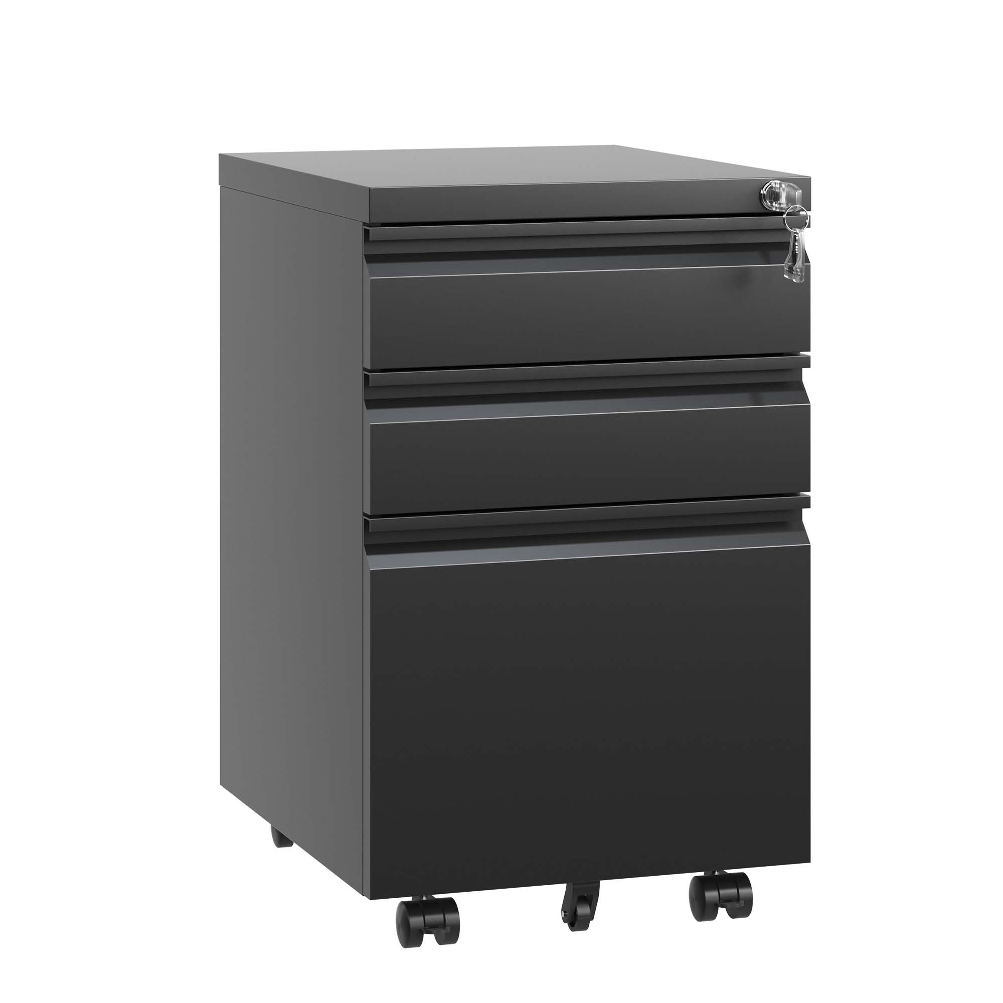 Black Metal 3 Drawer Mobile File Cabinet with Lock for Home Office Organizer, Fully Assembled - Grand Goldman