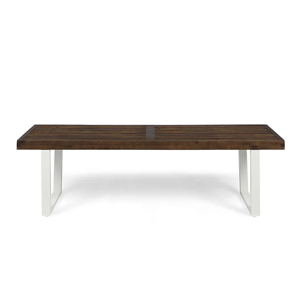Intrinsic Outdoor Dining Bench with Iron Legs and Slat Top, Dark Brown and White - Grand Goldman Shop