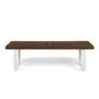 Intrinsic Outdoor Dining Bench with Iron Legs and Slat Top, Dark Brown and White - Grand Goldman Shop